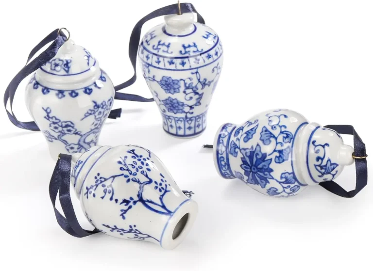 Four small blue and white ginger jar Christmas tree ornaments.