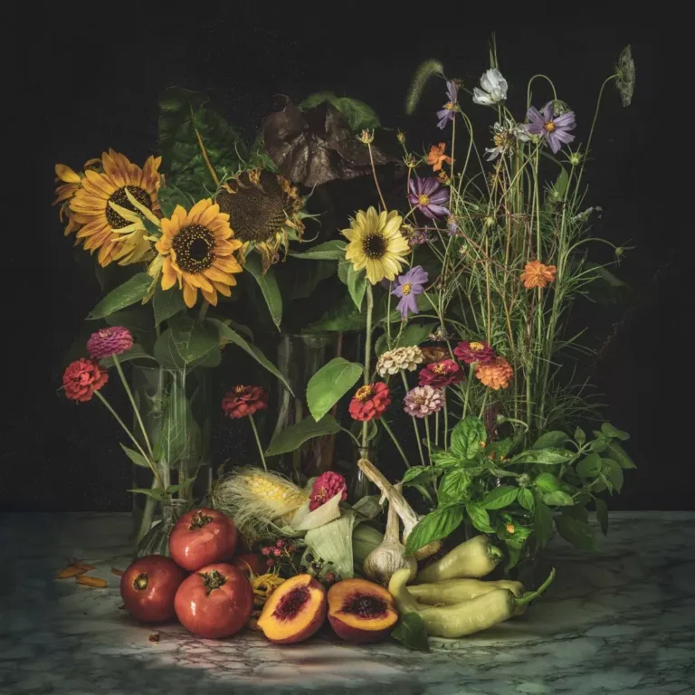 A painting of colorful meadow flowers and fruit and vegetables at the bottom against a dark background.