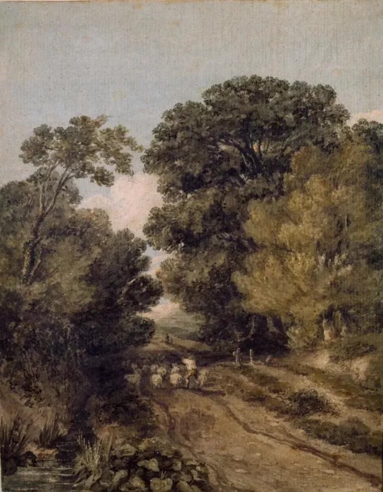 An old painting depicting a sheepherder with sheep on a countryside pathway lined with trees.