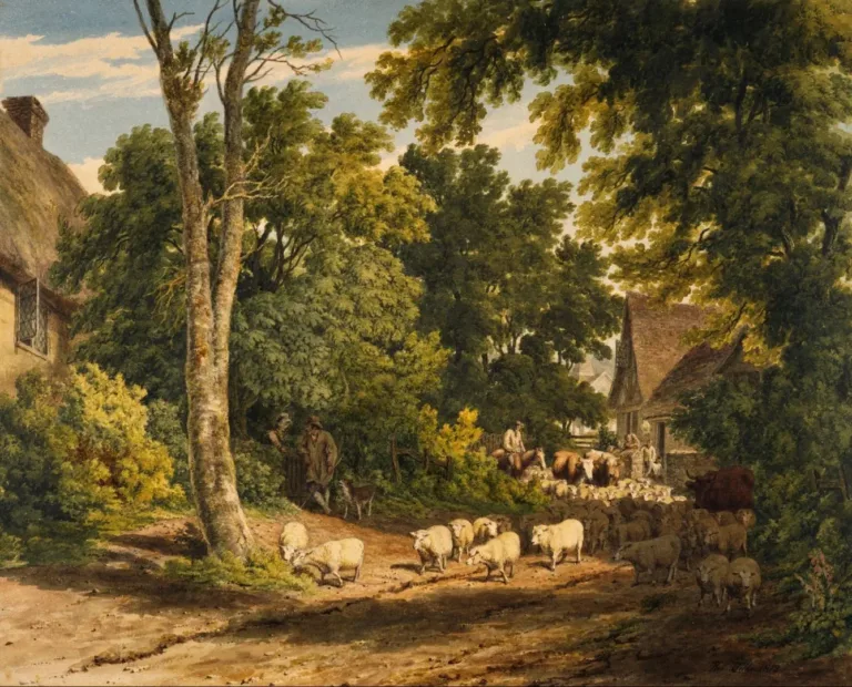 An old painting depicting lush trees, sheep, horses, cows, people, and an old house in the background.