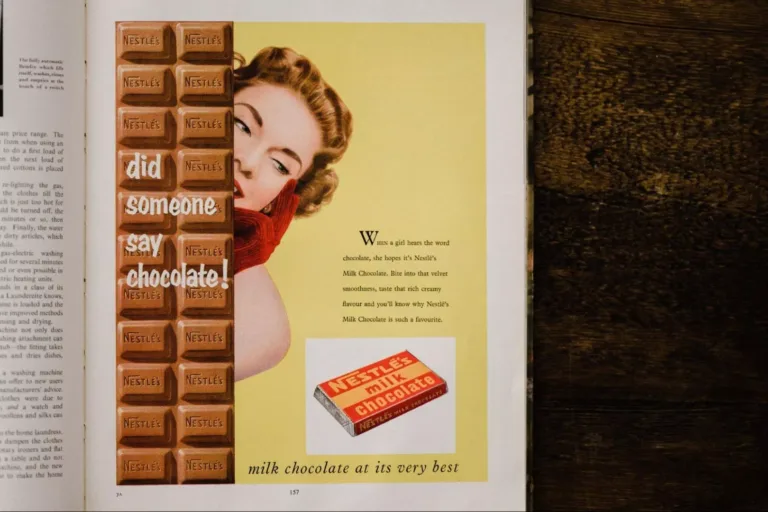 A vintage chocolate advertisement in an old magazine – 1960s vintage kitchen decor.