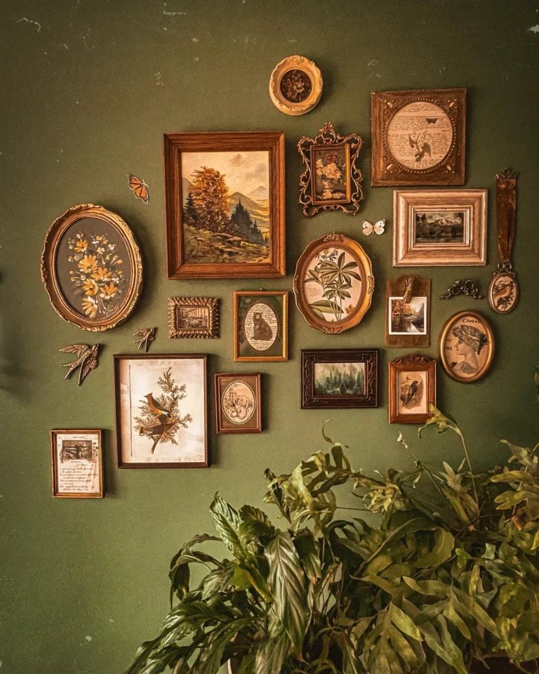 Small vintage and antique illustrations and paintings in ornate frames of varying shapes hanging on an olive green wall, with calathea and monstera plants in the front.