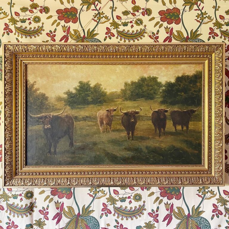 An antique painting depicting cattle on a field with trees in the background.