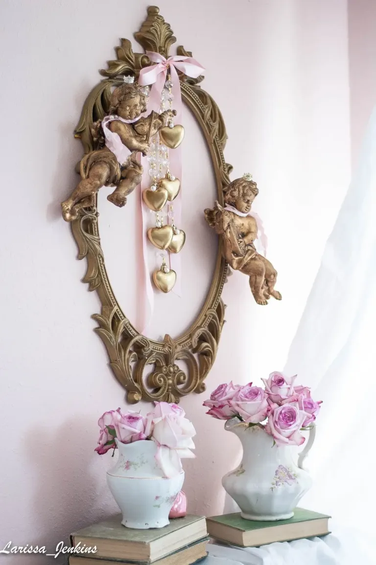 A romantic bedroom with white curtains, a gold ornamental frame with cherubs, and pink roses in vintage white vases sitting on two stacks of vintage books.