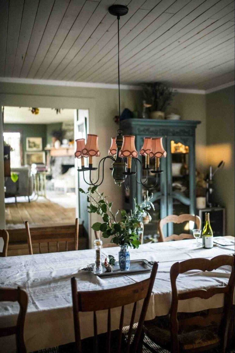 A partial view of a long farmhouse table with a tablecloth, mismatched wooden chairs, a pewter tray with some vintage knickknacks and a vintage blue and white flower vase with flowers. A vintage chandelier hangs above the table and an antique turquoise painted dining room hutch is seen in the background.