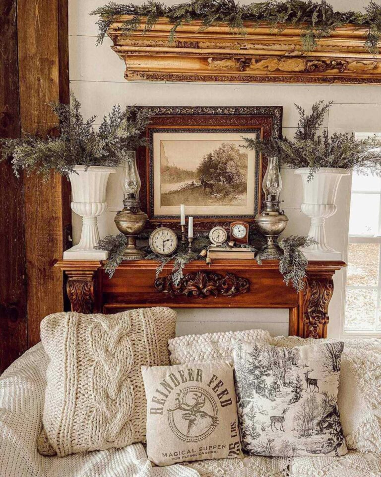 A vintage farmhouse interior with an ornate wooden mantelpiece decorated with old clocks, oil lamps, spruce tree branch decorations, and a drawing encased in a brown ornate frame. A gilded cornice hangs above it and in front of it a couch with rustic pillows of different textures.