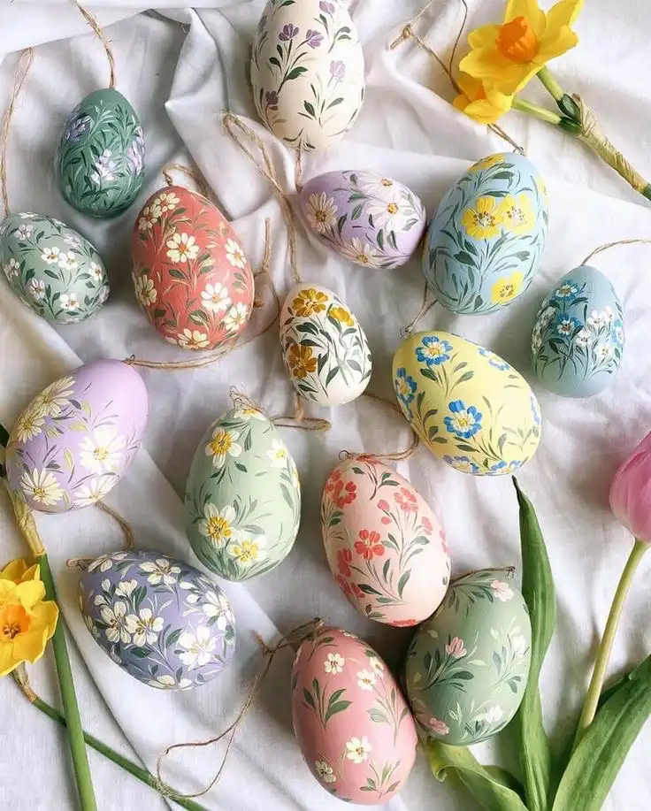 Various colorful Easter eggs with hand-painted floral designs lying on a white tablecloth.