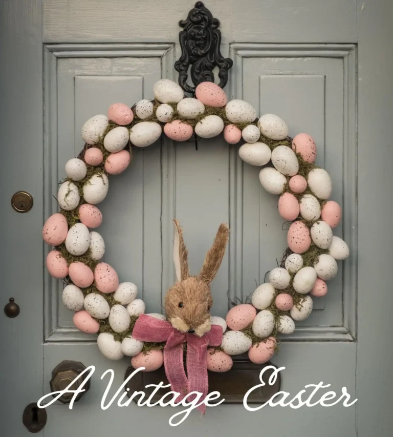 A vintage wreath hanging on a gray vintage door, made of pastel-colored pink and off-white eggs with a vintage bunny ornament made of straw, with a pink ribbon around his neck.