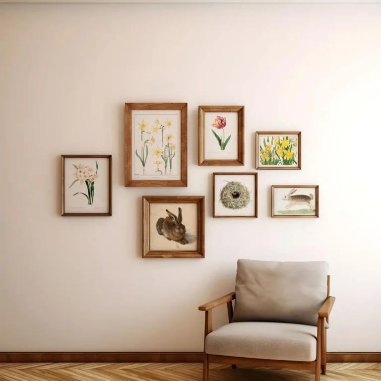 Seven vintage frames with vintage Easter illustrations hang on a beige-colored wall, a vintage chair stands in front of the wall.