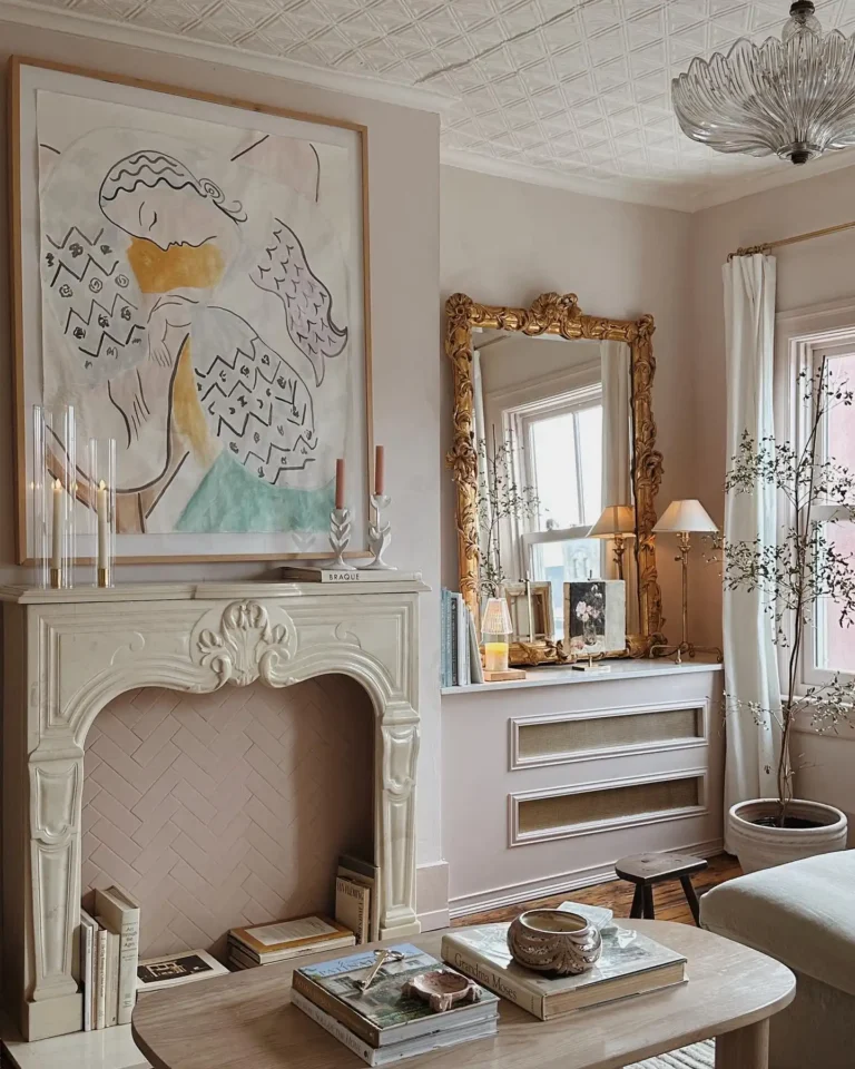 A beige-colored interior with an ornate faux mantel, an abstract painting, white candelabras, a plant, a gold ornate mirror, and a coffee table with coffee table books.