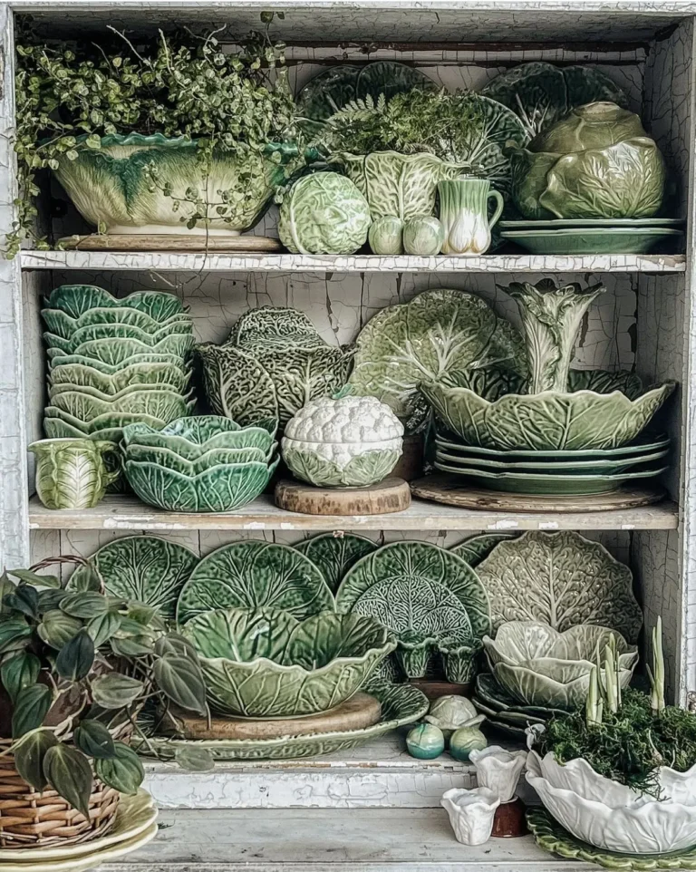 A view of vintage green vegetable-shaped ceramics arranged on three shelves of a rustic kitchen cabinet.