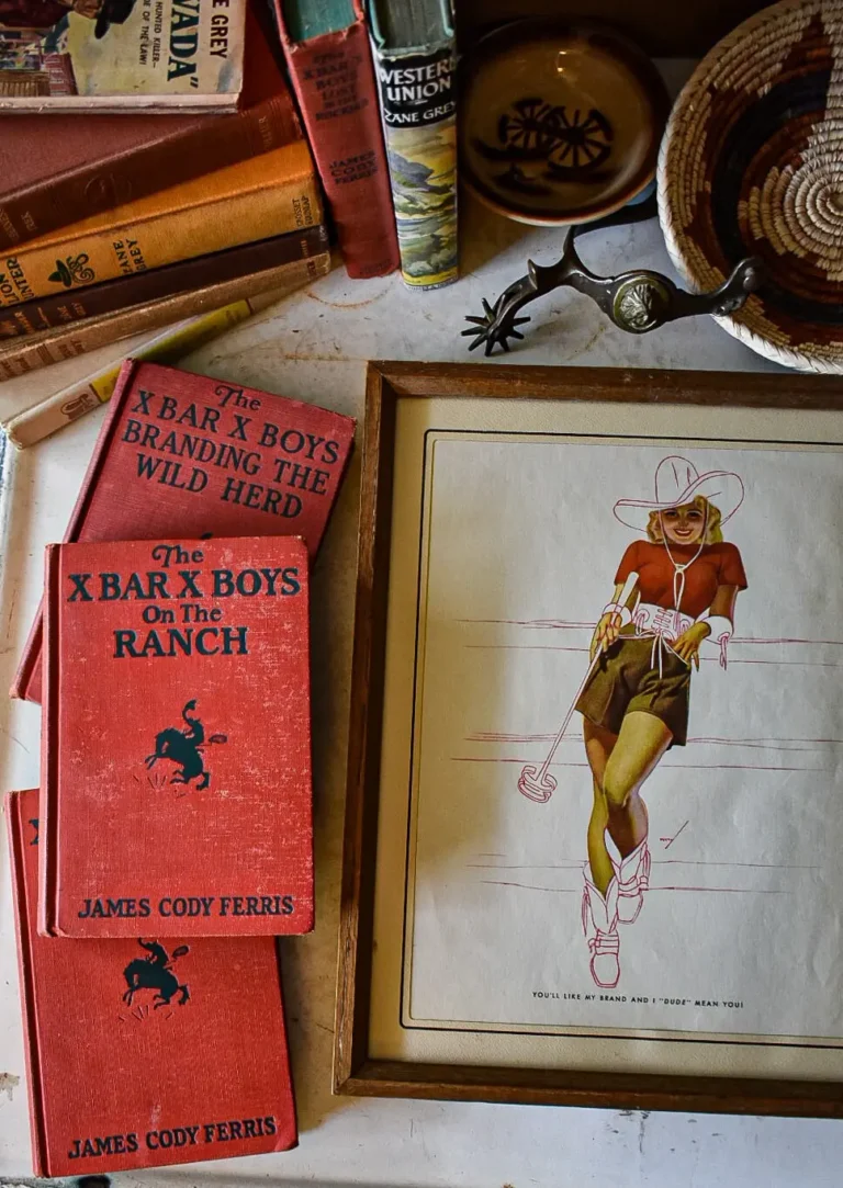 A vintage illustration of a cowgirl in a brown frame with three old western-themed books with red covers next to it.