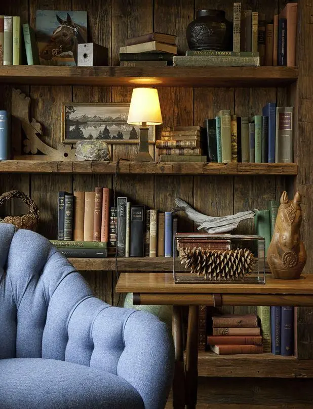 A wooden bookcase with various books, a lamp, and some western-themed decorations. A partially visible blue vintage armchair stands in front of the bookcase; a pine cone encased in glass and the bust of a horse sit on a vintage table next to the armchair.