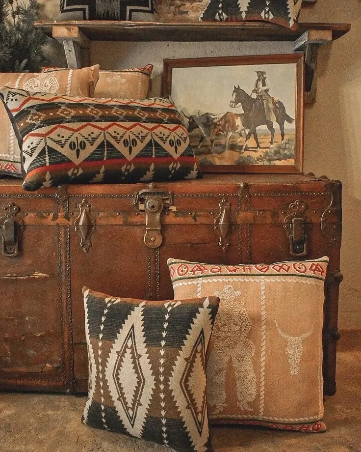 Vintage Wild West decor throw pillows are placed on and around an antique wooden chest, and an Old West-style painting featuring a cowboy on a horse sits on top of the chest.