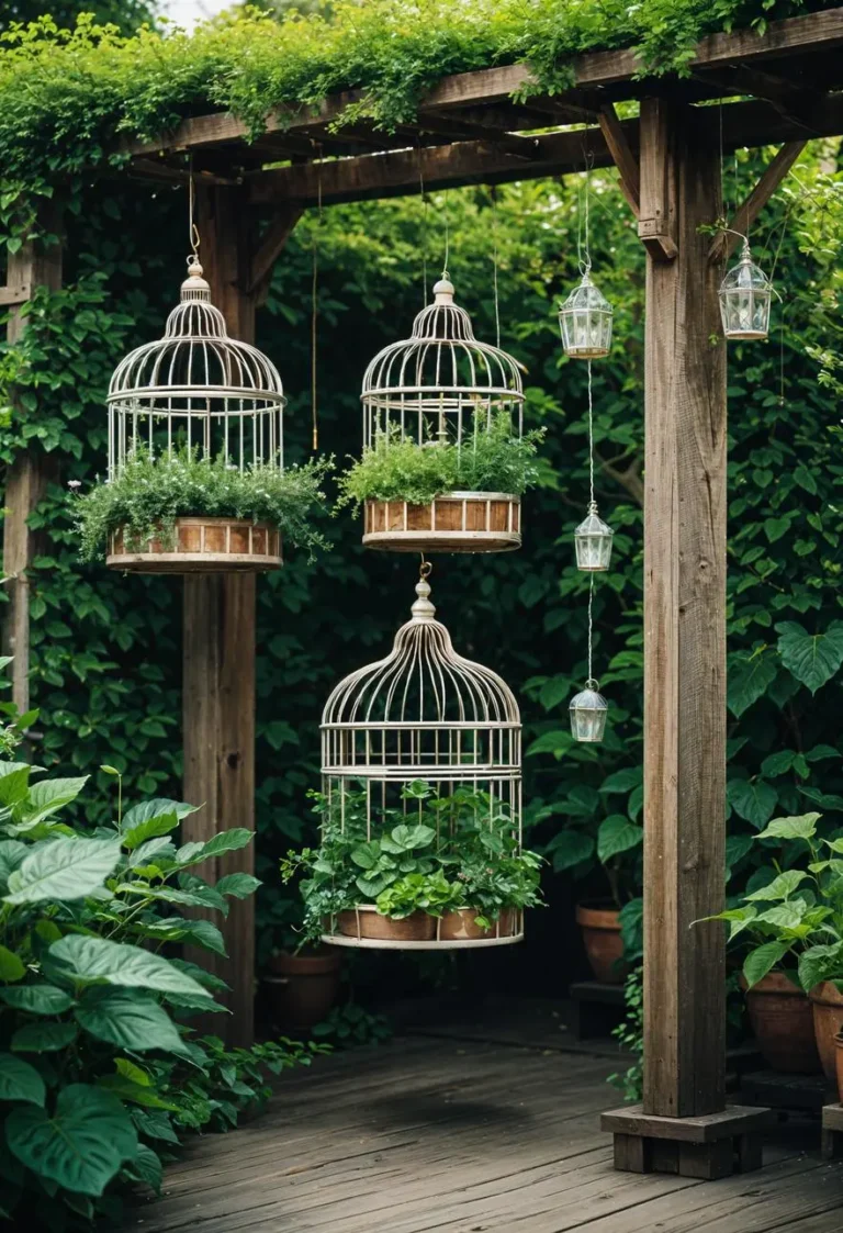 Three rustic white bird cages and four small garden lanterns hanging from a wooden pergola, surrounded by green lush plants.