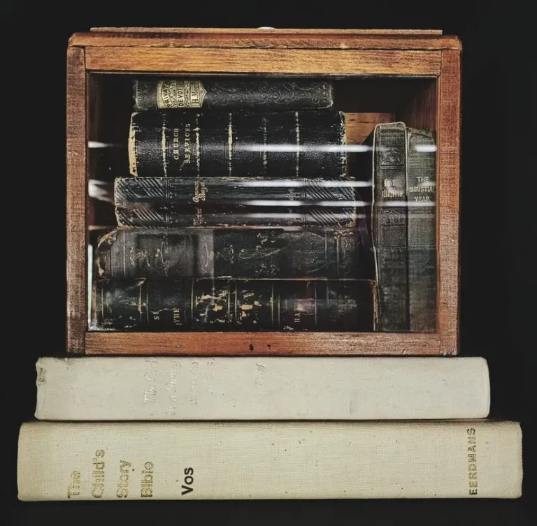 Seven black-spine antique books in a vintage glass case in a brown wood frame on top of a stack of two beige books.