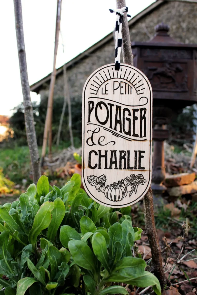 A vintage-style wooden custom garden sign reading Le Petit Potager de Charlie on a wooden stick among a green vegetable patch.