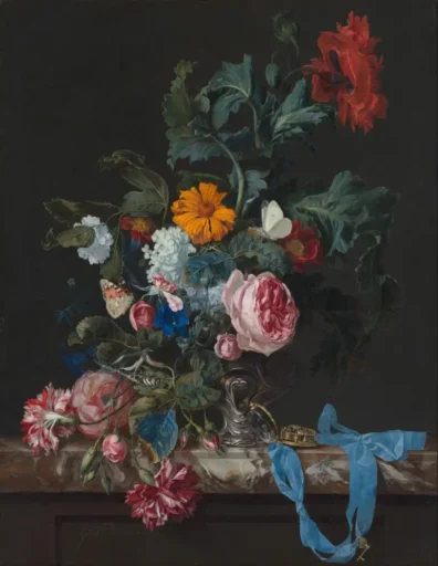 An antique painting of colorful flowers in a silver vase, with a blue ribbon next to it.