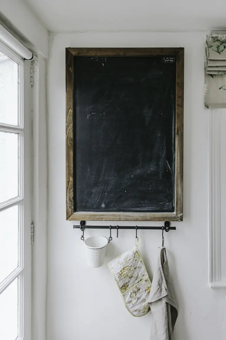 A rectangular-shaped chalkboard in a rustic wooden frame hangs on a white wall and three kitchen accessories hang below it attached to hooks on a black bar hanger.