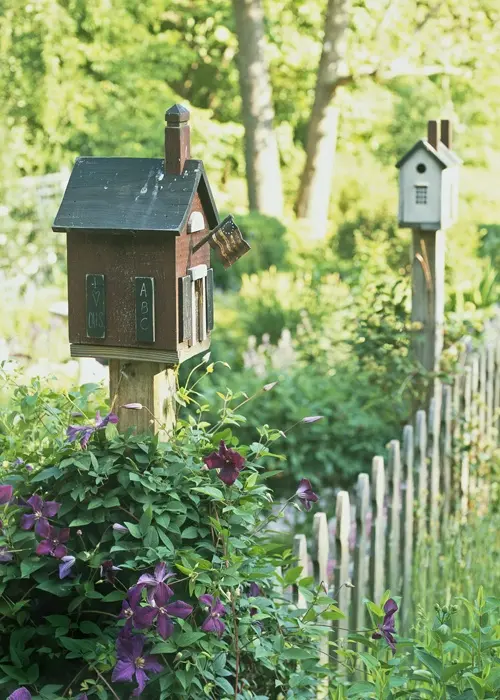 Two wooden bird cages attached to wooden poles are surrounded by greenery and flower shrubs; a wooden fence runs along the shrubs.