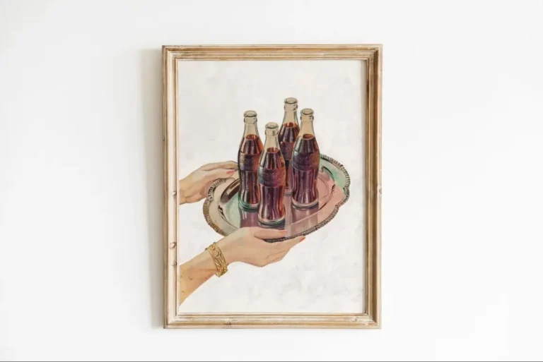 A vintage kitchen poster of a 1950s Coca Cola advertisement featuring a hand holding a serving tray of four retro Coca-Cola bottles.