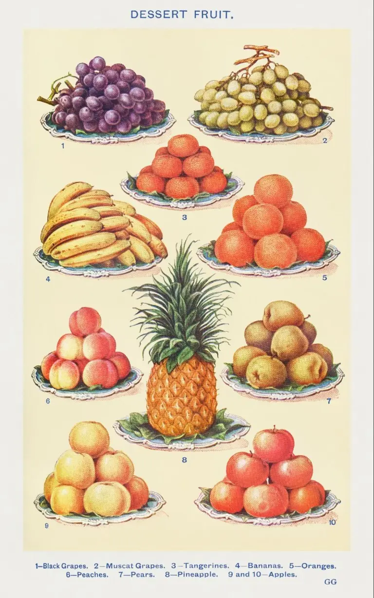 A page from a 19th century cookbook featuring fruit varieties.