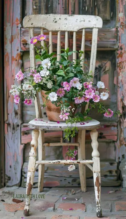 Blossoming white and pink flowers in a terracotta pot sit on top of a weathered cream-colored vintage chair.