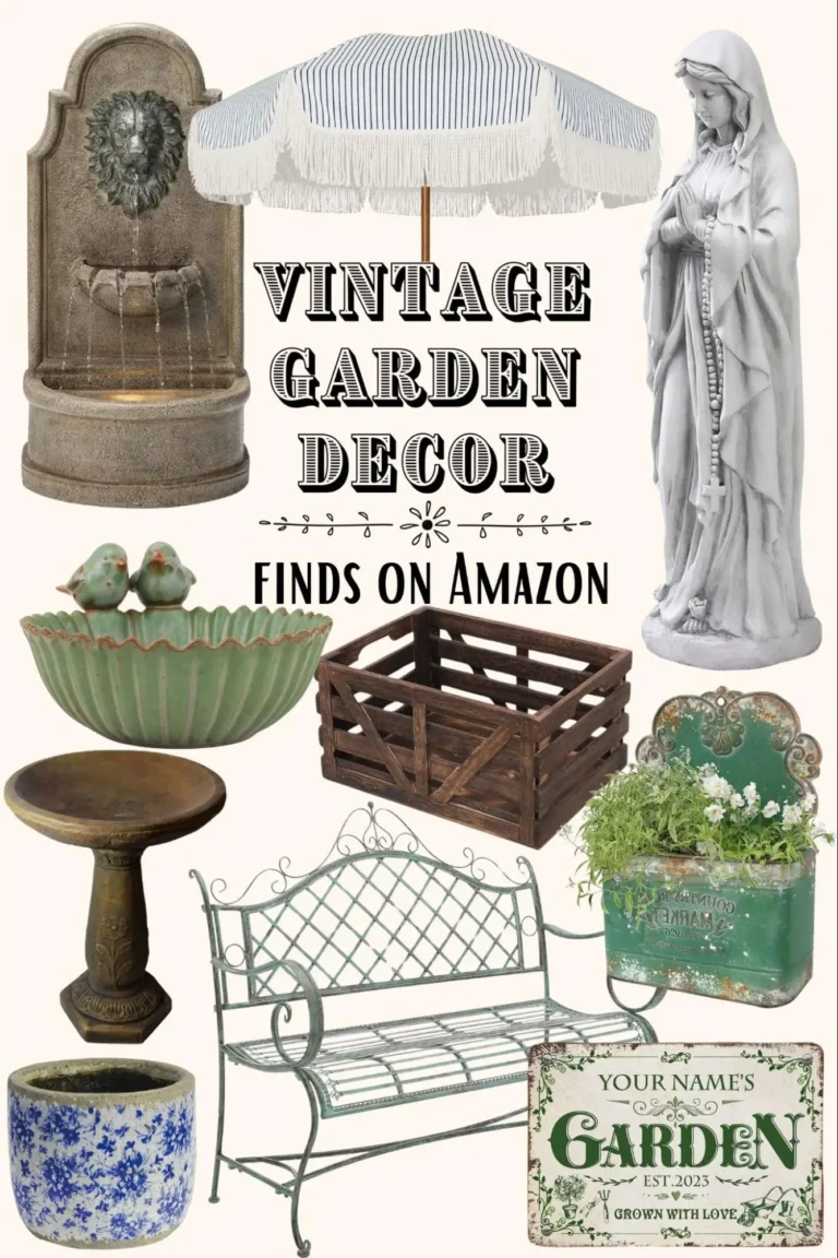 An infographic featuring ten vintage-style garden products found on Amazon.