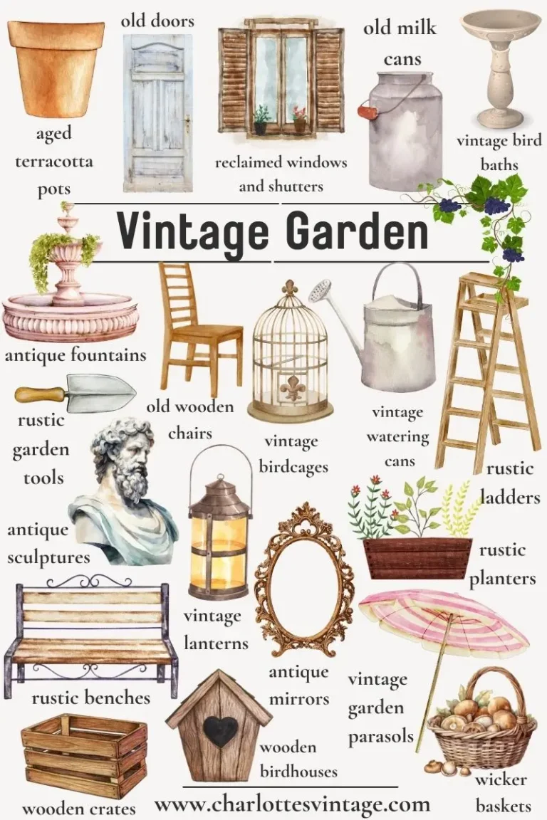 An infographic featuring watercolor illustrations depicting vintage garden decor items including rustic benches, wooden crates, wicker baskets, vintage garden parasols, vintage lanterns, antique sculptures, aged terracotta pots, reclaimed windows and shutters, vintage watering cans, and more.