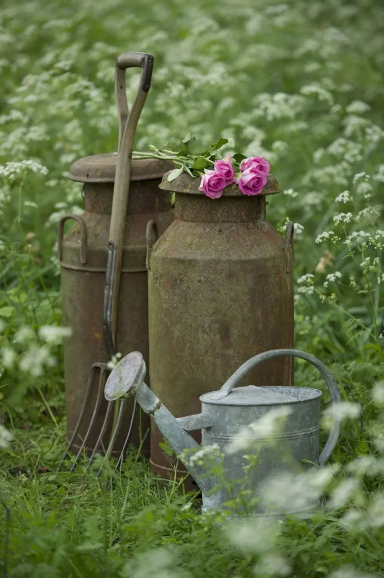 Two rustic milk jugs with a small bouquet of pink roses on top, a vintage watering can, and a vintage pitchfork sitting among green grass and white wildflowers.