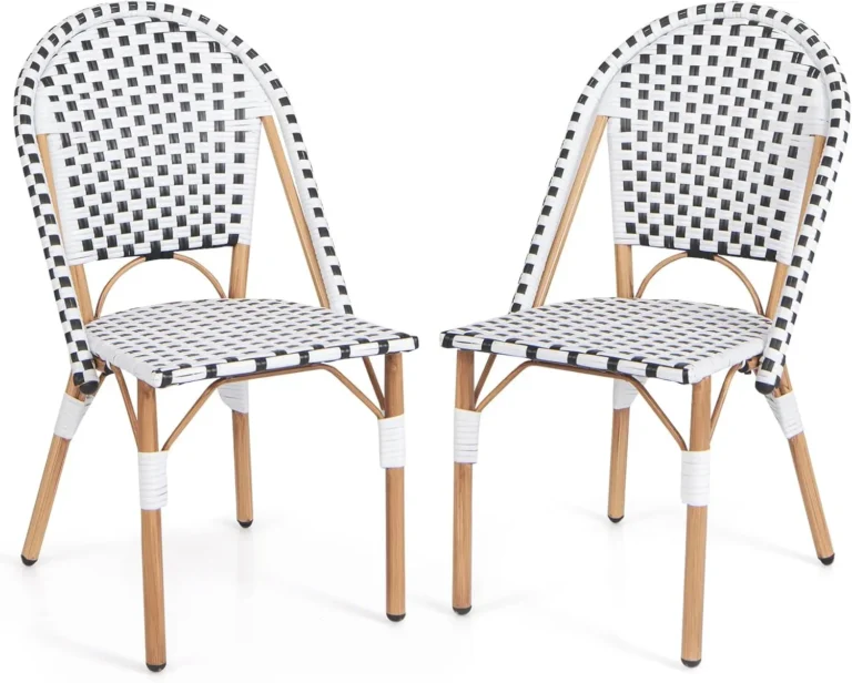 Two French bistro chairs with a navy and white checkered pattern.