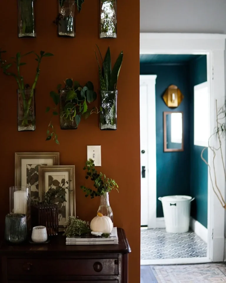 Glass plant holders hang on an orange-brown wall, with a dark brown dresser in front of it displaying candle holders, photo frames, and a small white pumpkin; a dark blue-green wall is seen in the foyer behind it with a mirror and white decor elements.