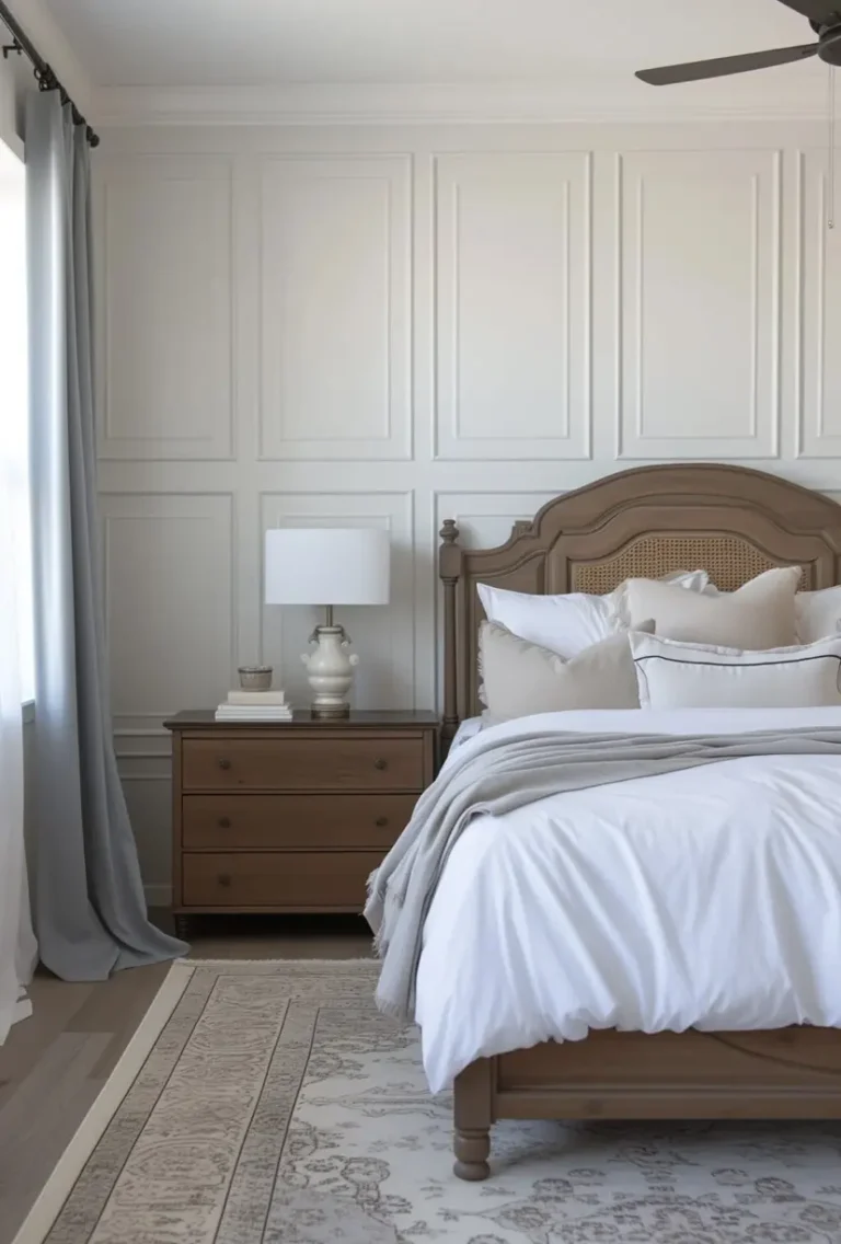 A brown vintage bed with white sheets stands on a vintage rug, next to it is a brown wooden dresser and behind it a cream-colored board and batten wall.