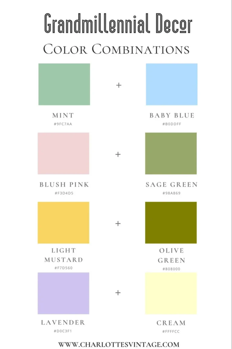 An infographic featuring popular combinations of colors for a grandmillennial interior.