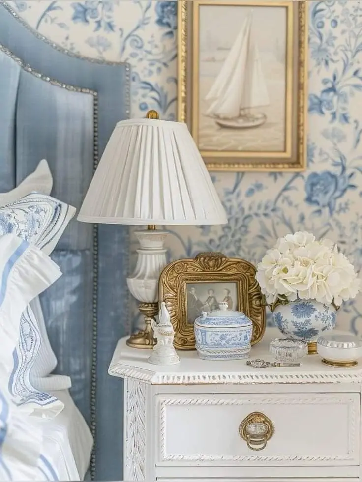 A white grandmillennial dresser with gold hardware, decorated with family heirlooms, a bouquet of fresh white flowers in a blue and white vase, an old photograph in an ornate gold-colored frame, and a vintage table lamp with a pleated lampshade. Behind the dresser is a blue and white wallpaper with a botanical pattern and a painting of a boat in an ornate gold frame.