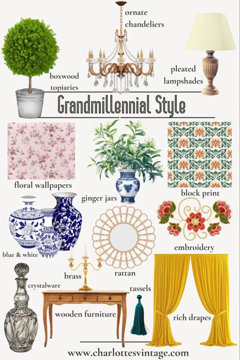 An infographic featuring illustrations of Grandmillennial decor items, including vintage crystalware, wooden furniture, rich drapes, boxwood topiaries, tassels, rattan, brass, blue and white, Chinoiserie, embroideries, ginger jars, block prints, floral wallpapers, pleated lampshades, and ornate chandeliers.