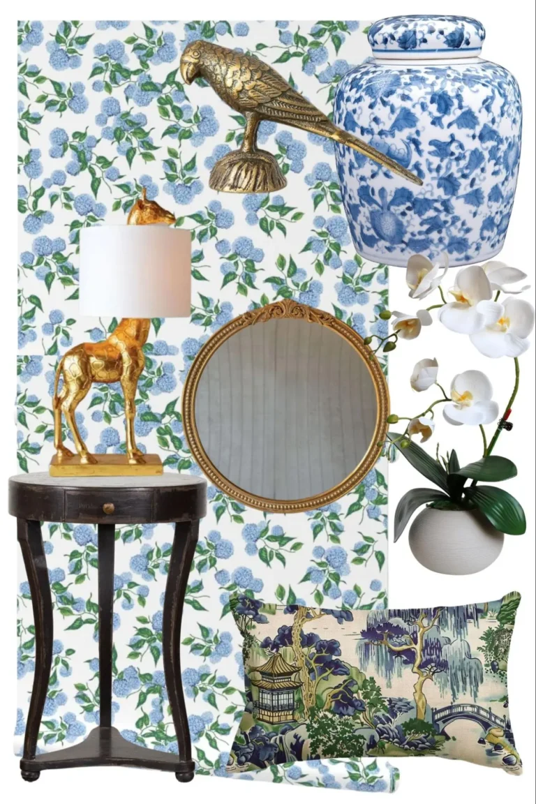 An infographic with grandmillennial-inspired products including a dark wood antique side table, a giraffe lamp, a chinoiserie pillow cover, faux orchids, an ornate round gold mirror, a blue and green floral wallpaper, a brass bird figurine, and a blue and white ginger jar.