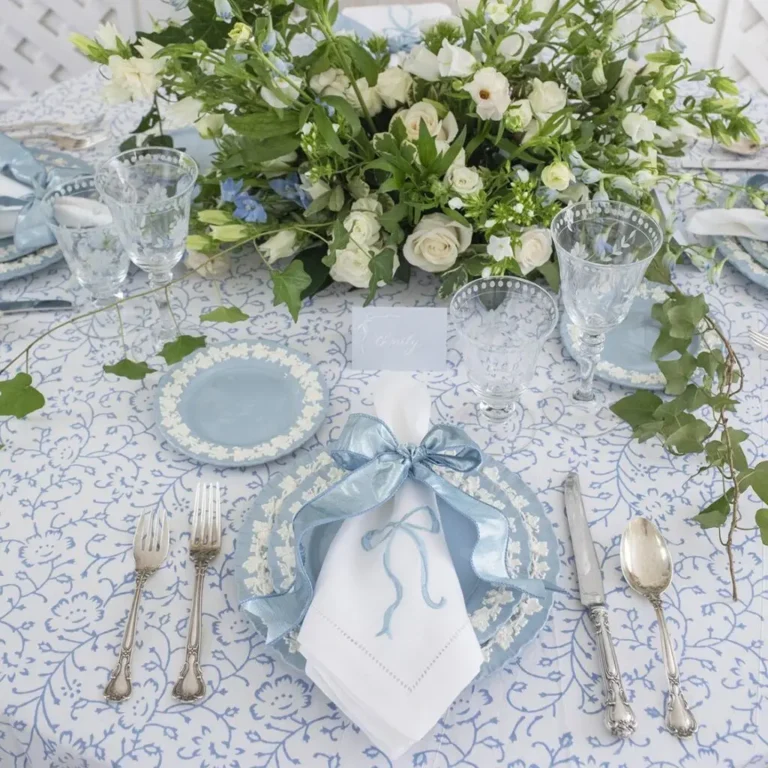 A grandmillennial table setting featuring a blue and white patterned tablecloth, antique silverware, vintage blue and white plates with a monogrammed white and blue linen napkin, and a floral centerpiece.