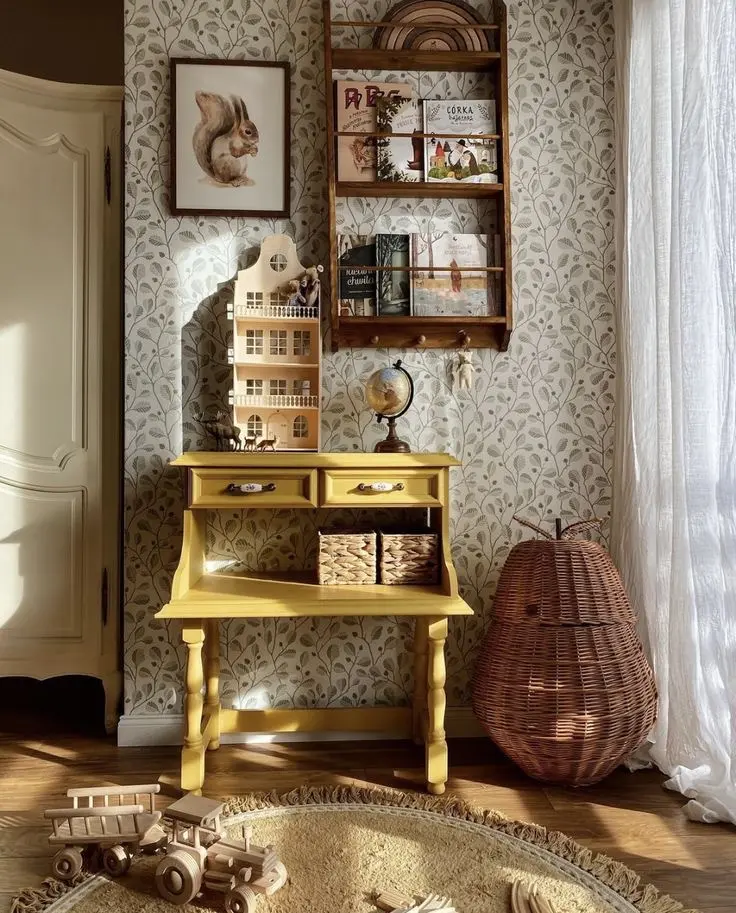 Vintage nursery decor with a patterned wallpaper, some wooden toys, large wicker storage container, a bookshelf, vintage squirrrel illustration in a frame, and an antique-style yellow roll-top desk with a vintage dollhouse, and other accessories.