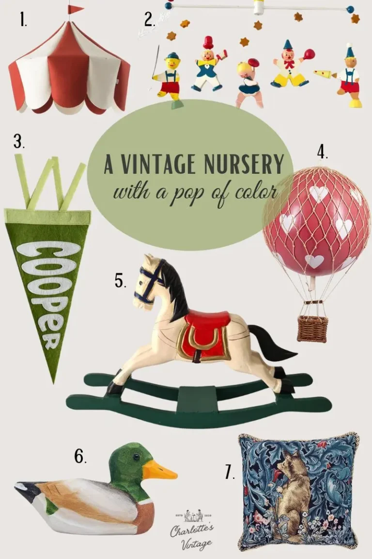 An infographic featuring seven colorful vintage and vintage-inspired nursery decor items, including a wooden duck, an embroidered fox pillow, a wooden mobile, a custom felt name sign, and a wooden rocking horse.