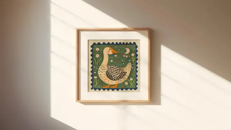 A vintage illustration of a duck with flowers in a wooden frame.