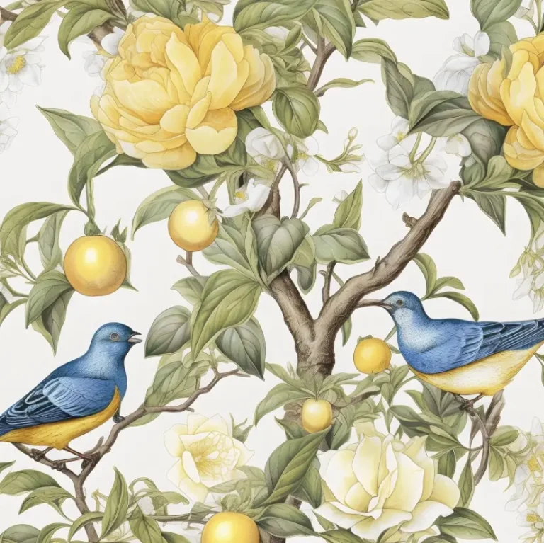 A detailed view of a William Morris wallpaper featuring white flowers, peach blossom branches, and bluebirds.