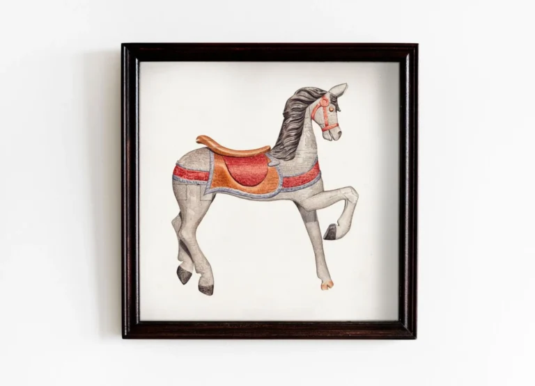 A vintage illustration of a wooden rocking horse in a black frame.