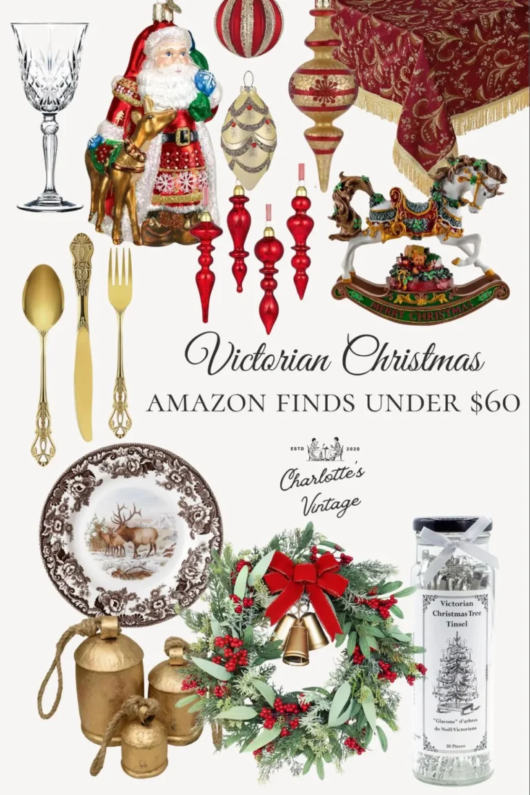 An infographic featuring Victorian-inspired products on Amazon, including a crystal wine glass, vintage Christmas tree ornaments, a velvet tablecloth, a Victorian rocking horse toy, antique-style gold cutlery, a vintage English plate with an elk illustration, brass door hanging bells, a Victorian inspired Christmas wreath with red ribbons, and a bottle of Victorian Christmas tree tinsel.