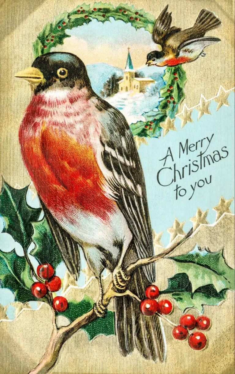 A Victorian-era Christmas greeting card featuring a bird sitting on a branch of holly.