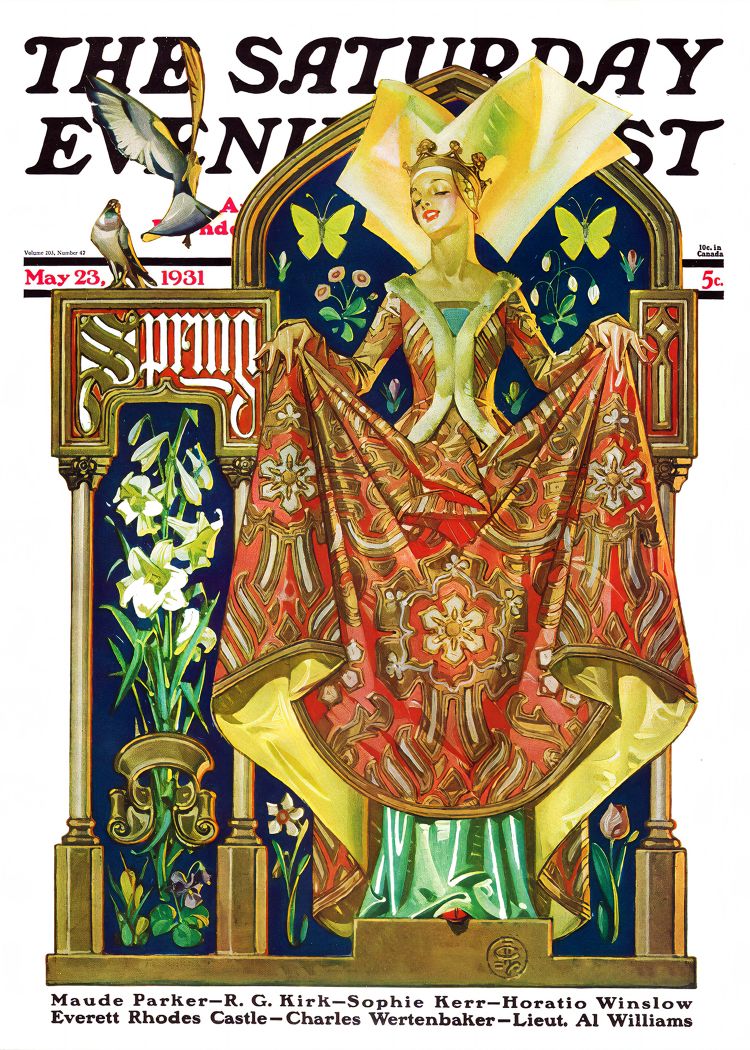 A vintage cover of the Saturday Evening Post featuring a woman wearing a colorful dress, surrounded by flowers, labeled "Spring"