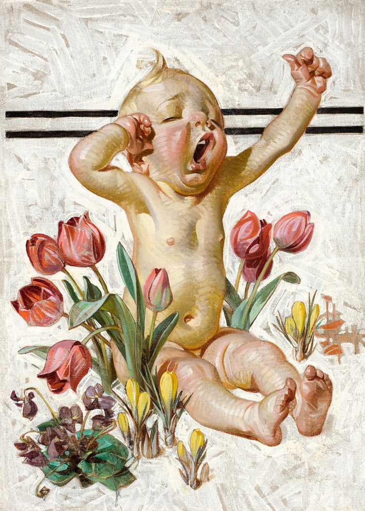 An illustration of a yawning baby surrounded by spring flowers including tulips and daffodils