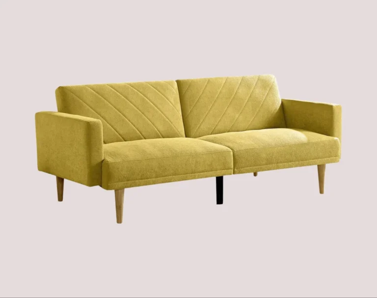 A yellow velvet mid-century modern-inspired futon sleeper sofa.