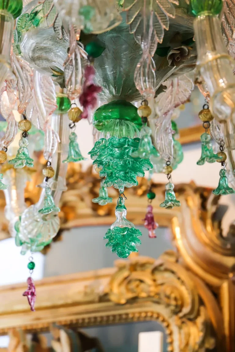Large green Venetian Murano glass chandelier with ornate floral details and vintage Italian craftsmanship.