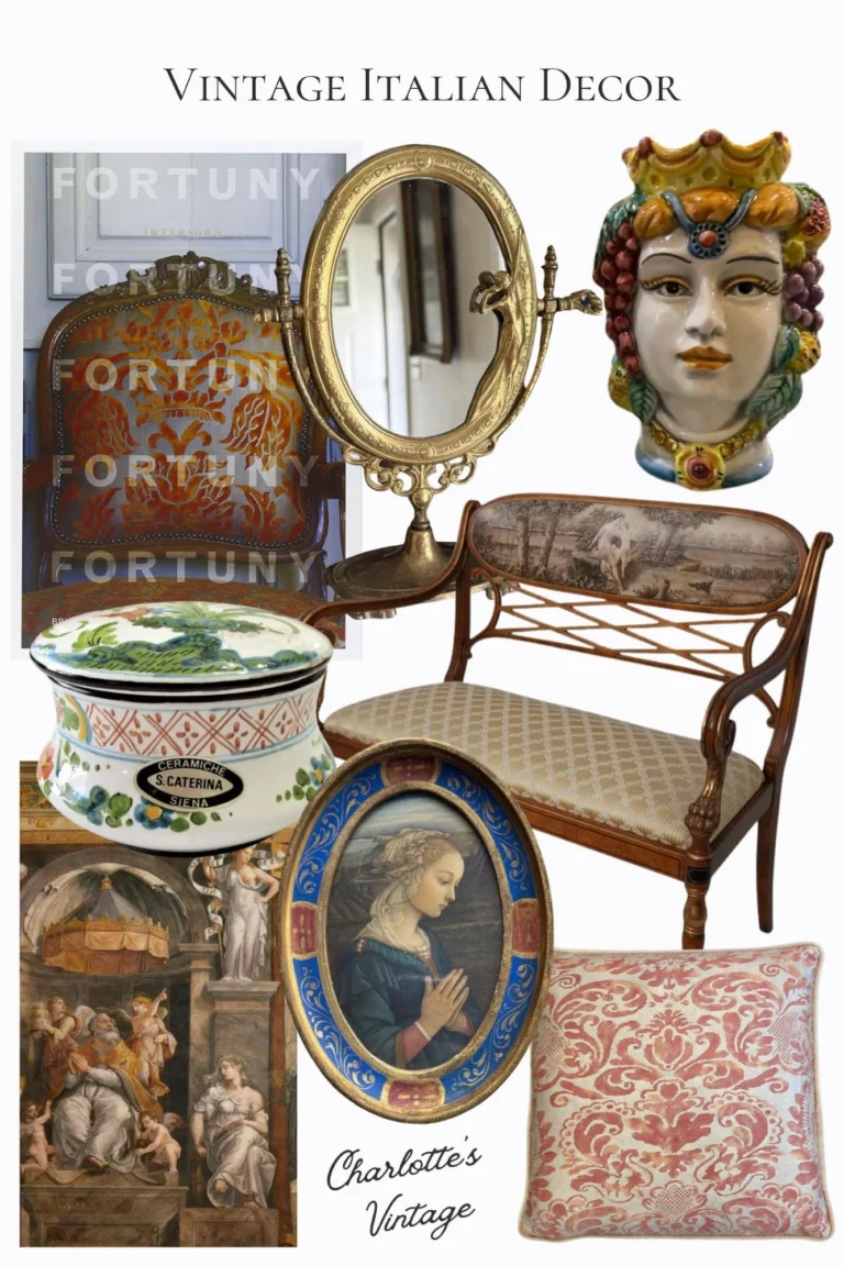 An infographic for vintage Italian home decor inspiration featuring Fortuny textiles, hand-painted ceramics, Baroque Art, and antique furniture finds.